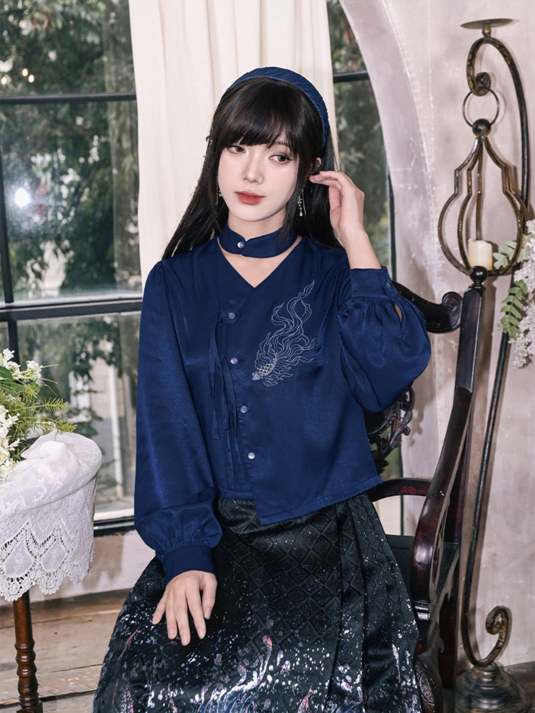 Navy Fish Embroidered Choker-Neck Shirt