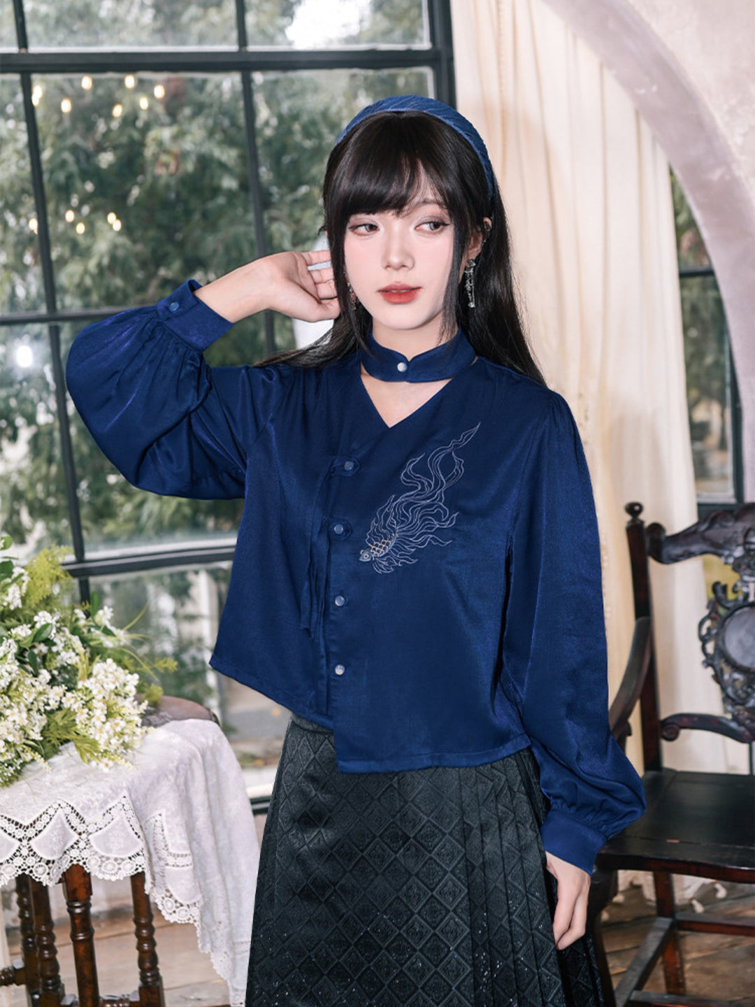 Navy Fish Embroidered Choker-Neck Shirt