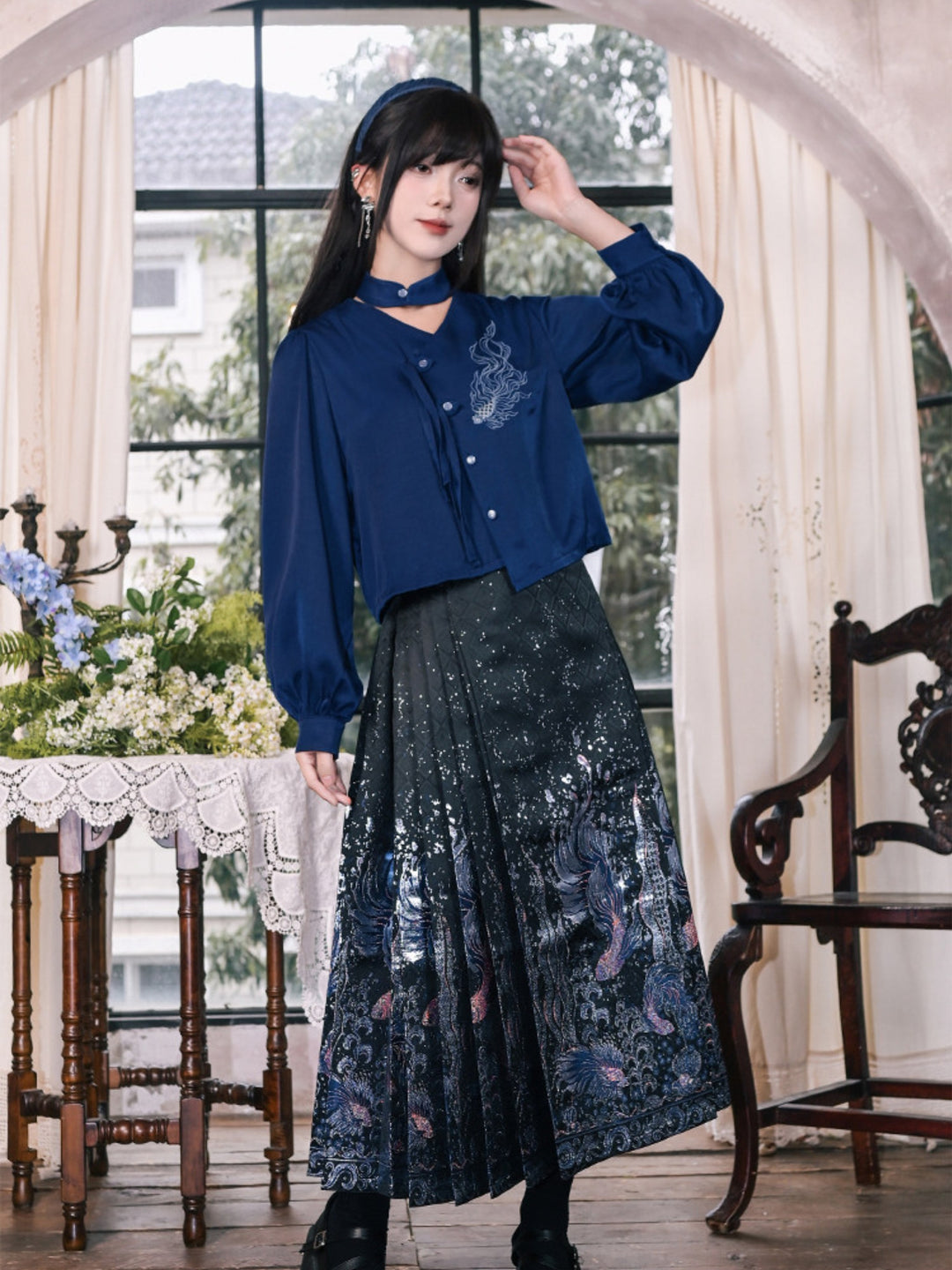 Navy Fish Embroidered Choker-Neck Shirt