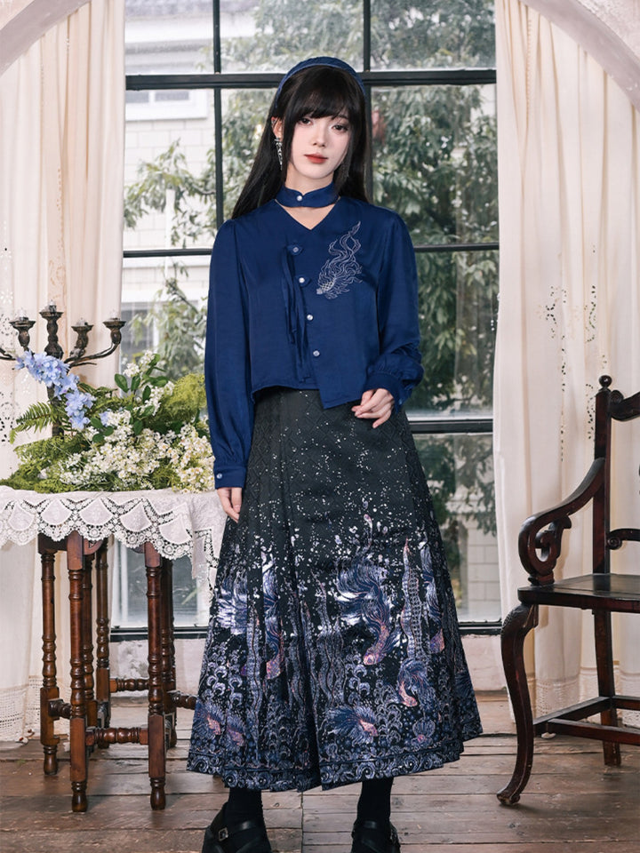 Navy Fish Embroidered Choker-Neck Shirt