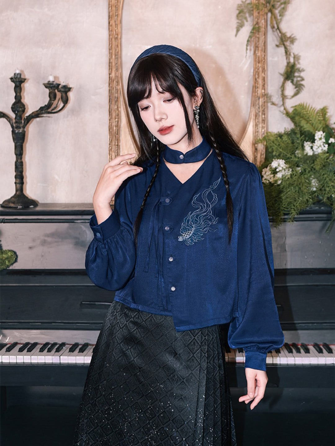 Navy Fish Embroidered Choker-Neck Shirt