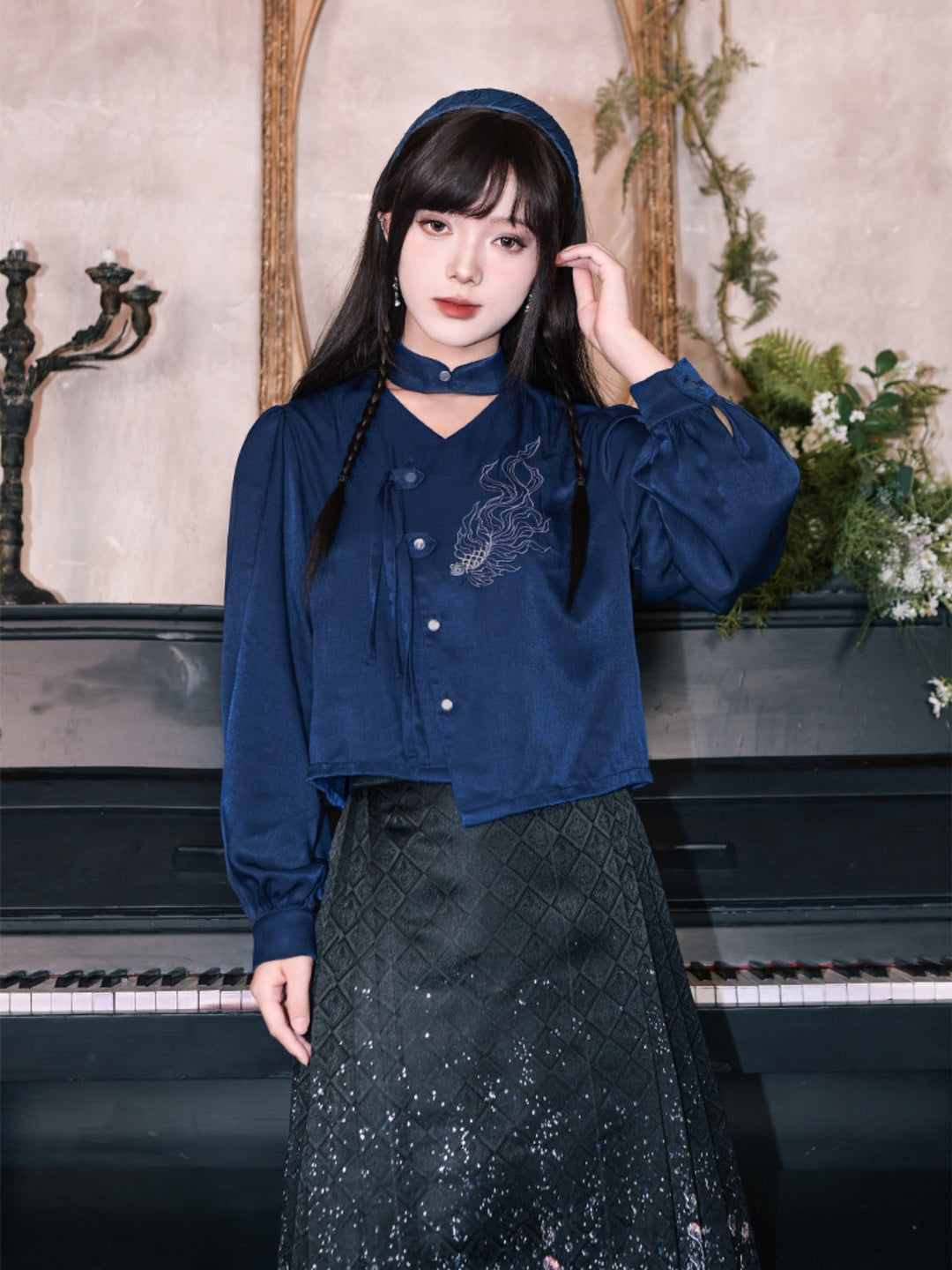 Navy Fish Embroidered Choker-Neck Shirt