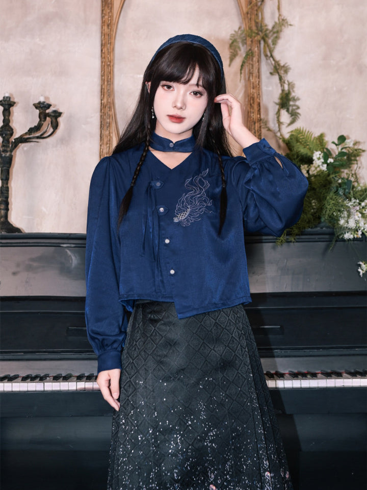 Navy Fish Embroidered Choker-Neck Shirt