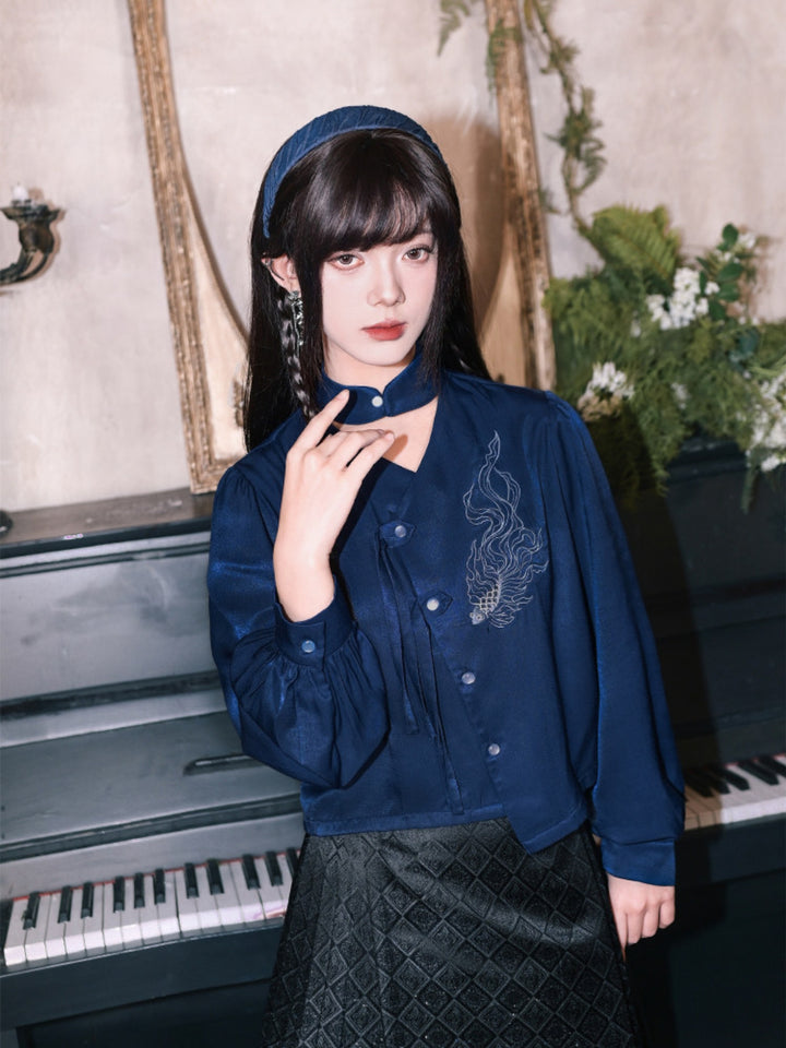 Navy Fish Embroidered Choker-Neck Shirt