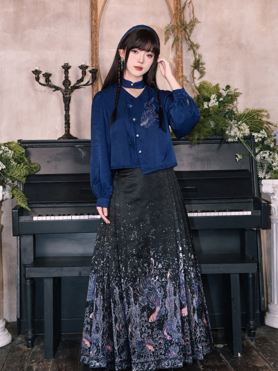 Navy Fish Embroidered Choker-Neck Shirt