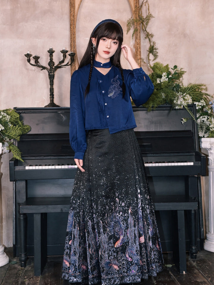 Navy Fish Embroidered Choker-Neck Shirt