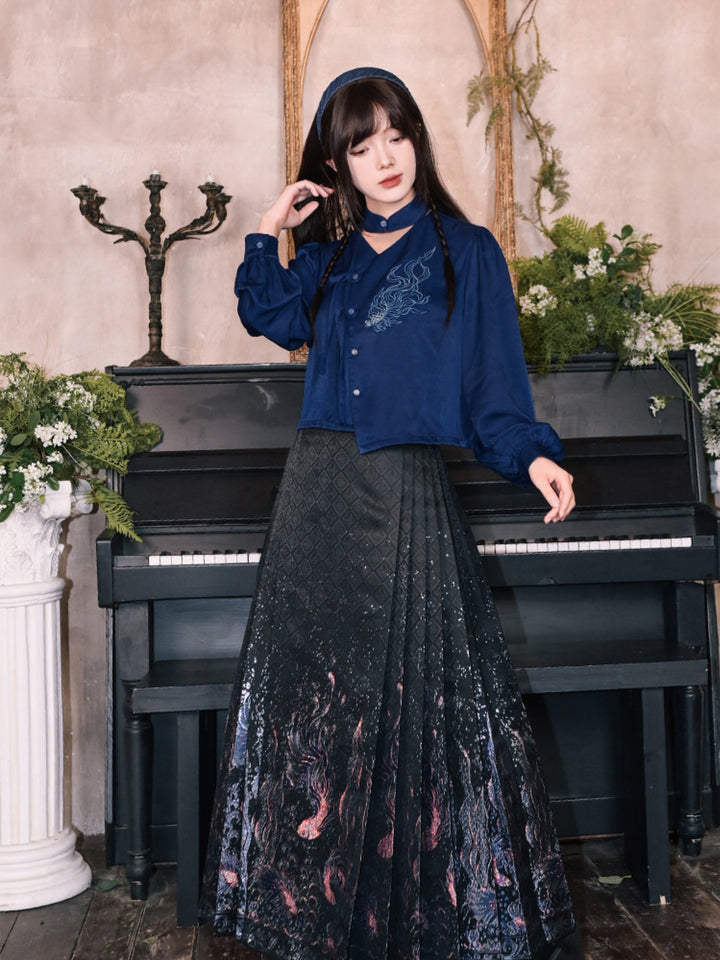Navy Fish Embroidered Choker-Neck Shirt