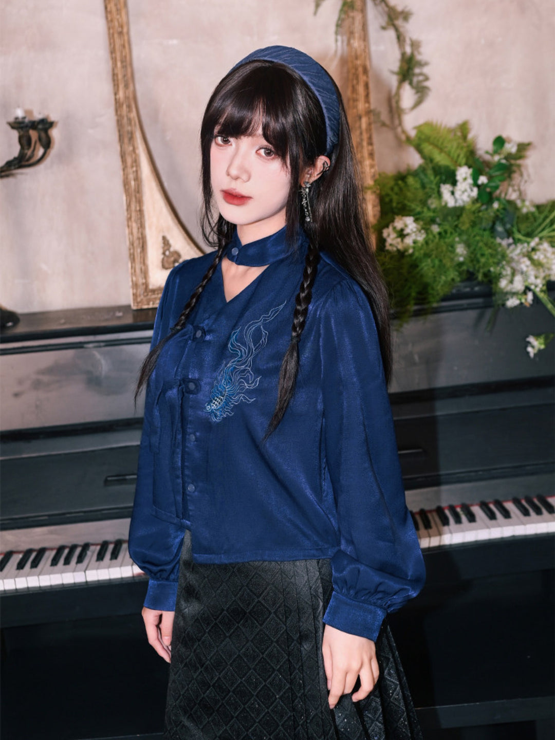 Navy Fish Embroidered Choker-Neck Shirt