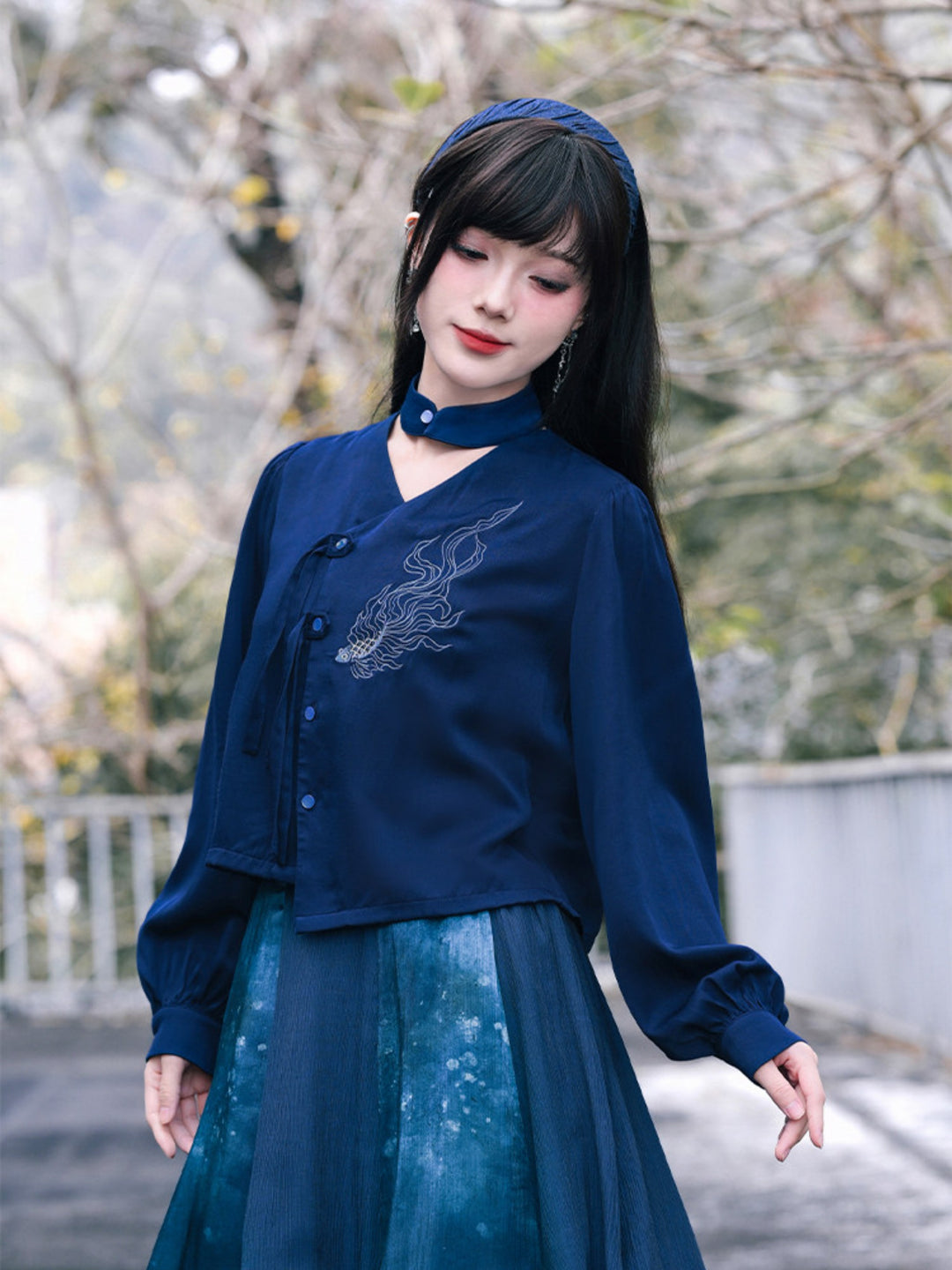 Navy Fish Embroidered Choker-Neck Shirt