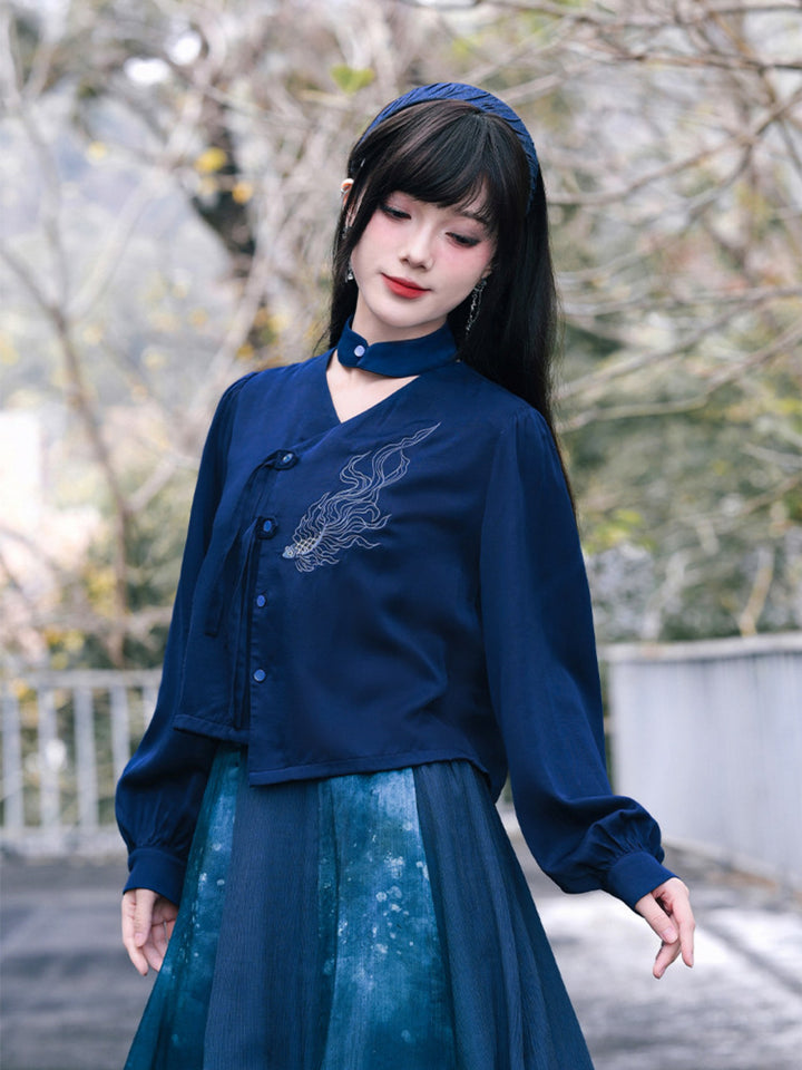 Navy Fish Embroidered Choker-Neck Shirt