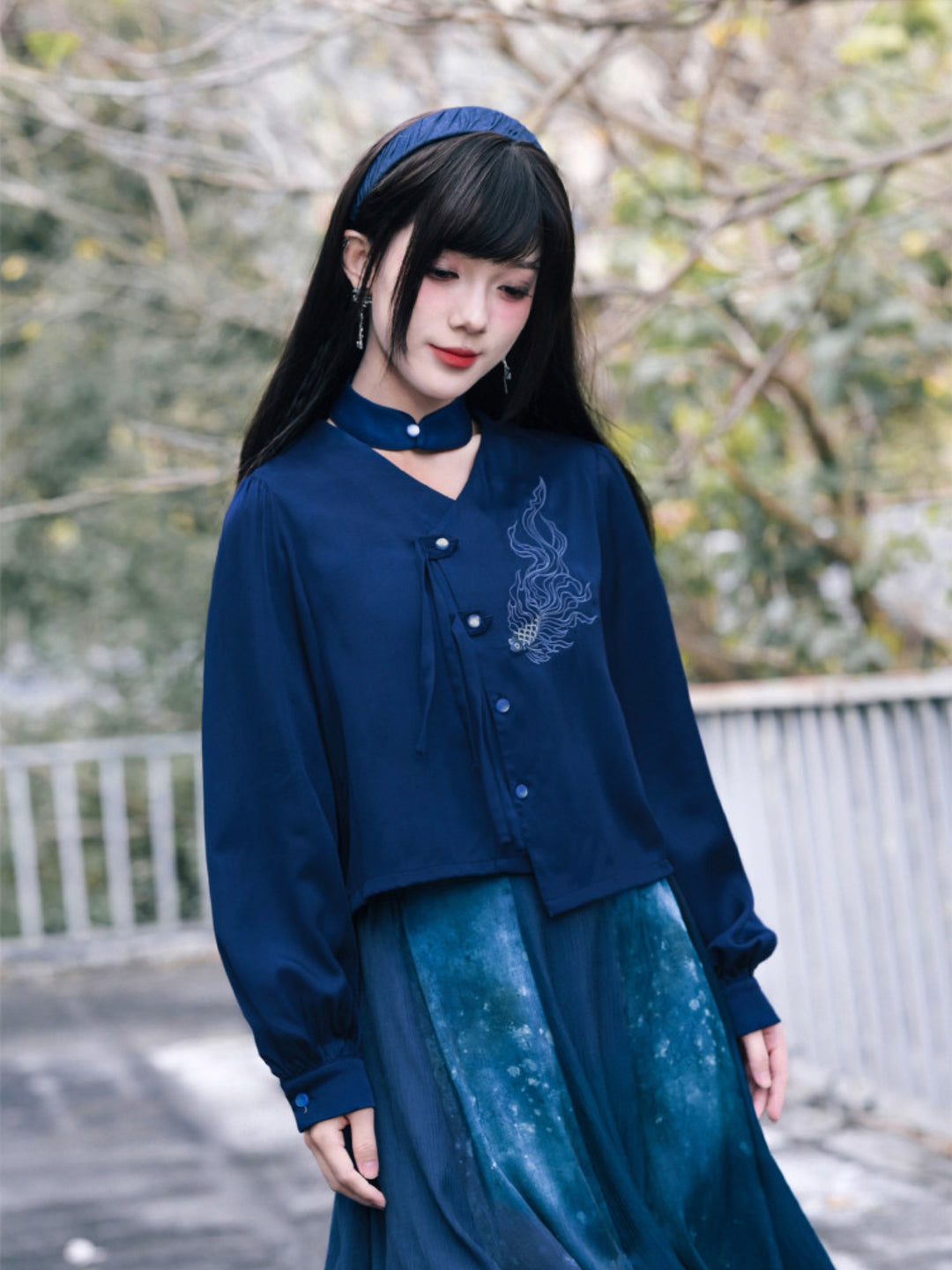 Navy Fish Embroidered Choker-Neck Shirt