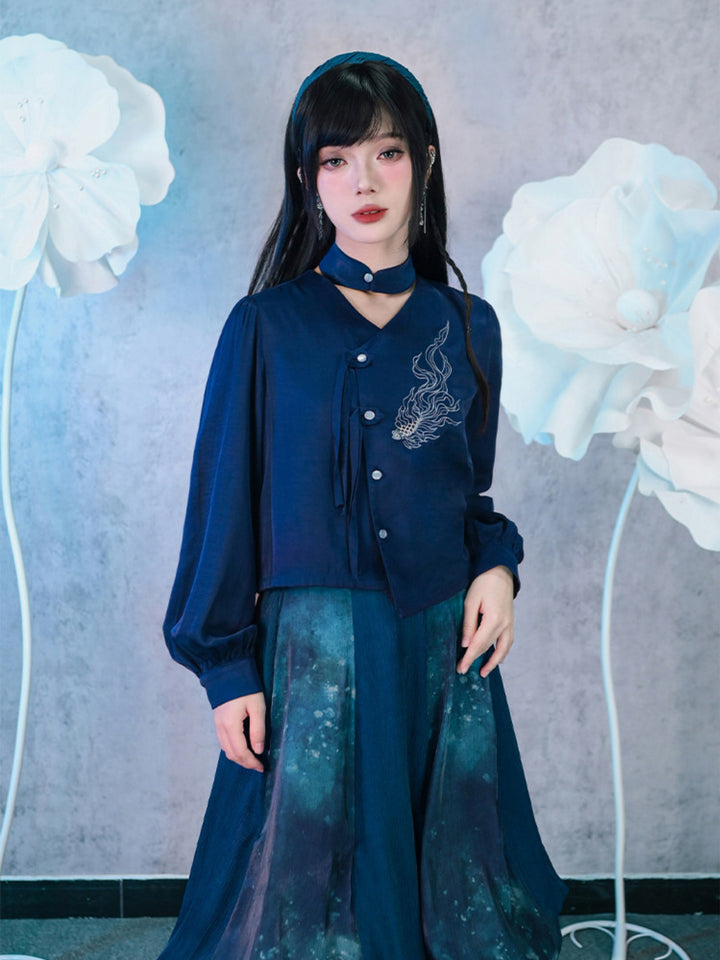 Navy Fish Embroidered Choker-Neck Shirt