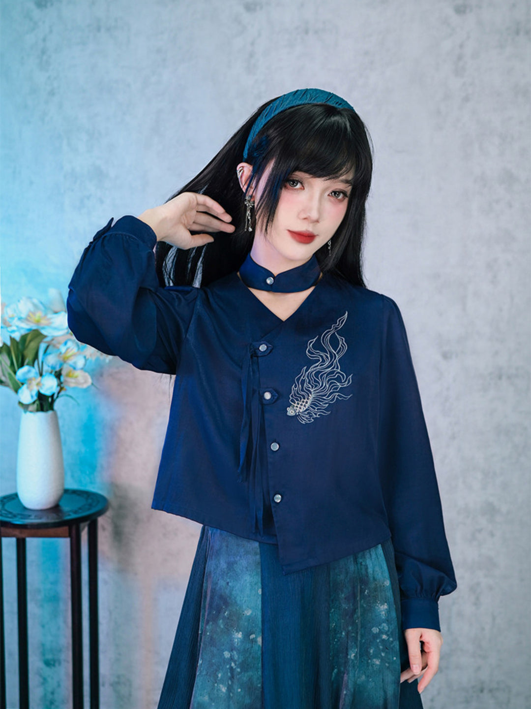 Navy Fish Embroidered Choker-Neck Shirt
