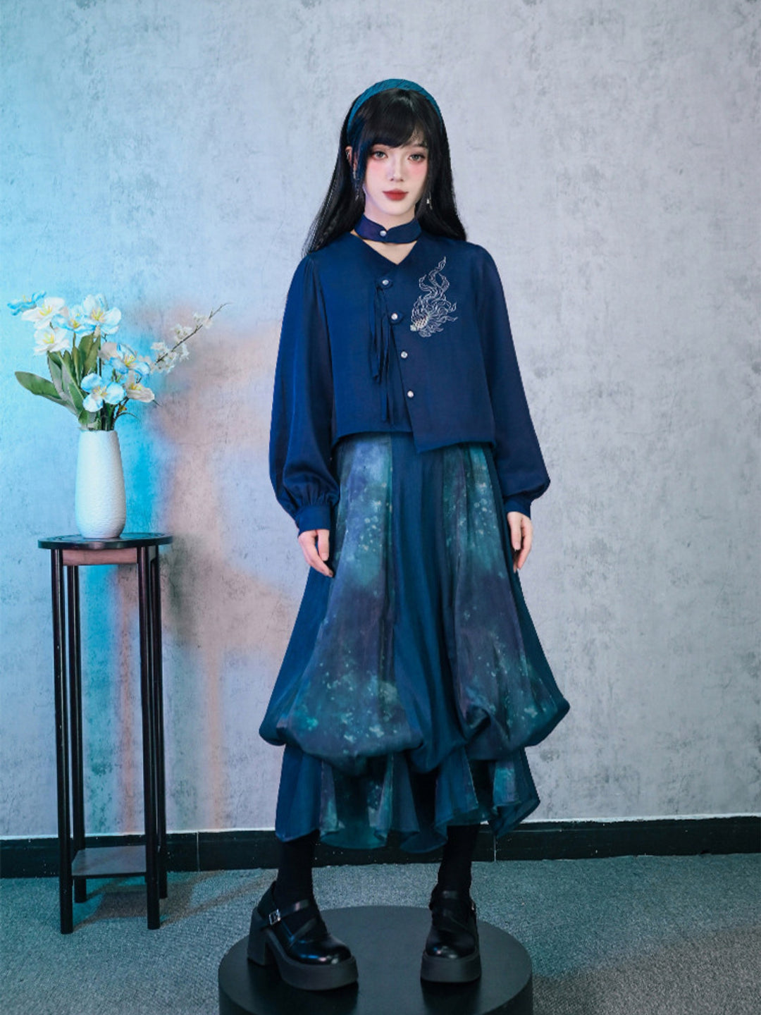 Navy Fish Embroidered Choker-Neck Shirt