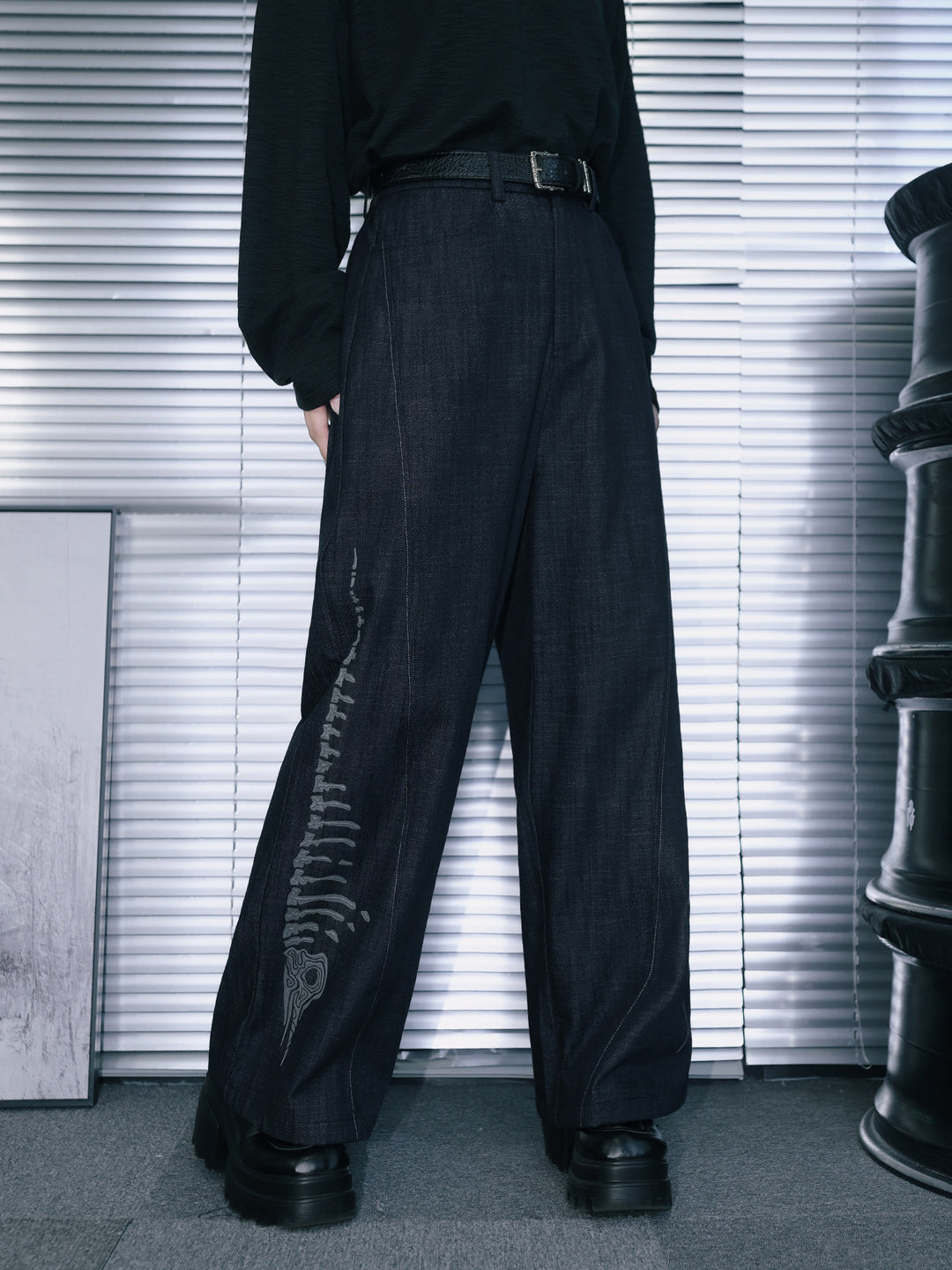 Black Raised Whale Skeleton Graphic Wide-Leg Jeans
