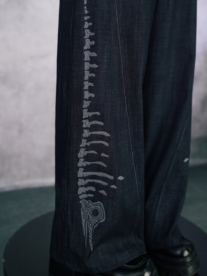 Black Raised Whale Skeleton Graphic Wide-Leg Jeans