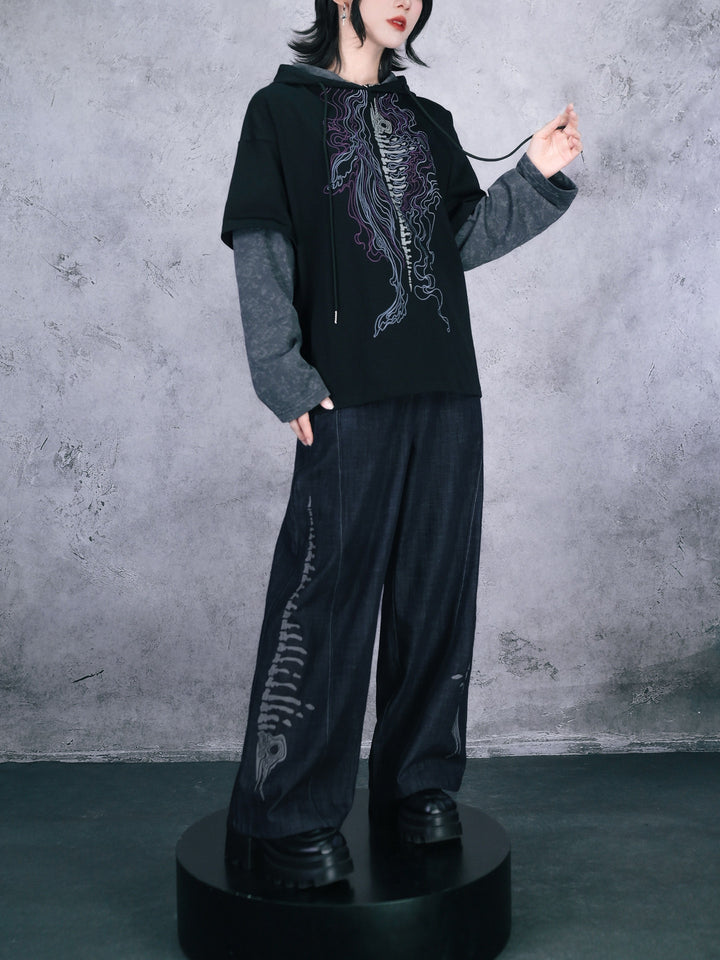 Black Raised Whale Skeleton Graphic Wide-Leg Jeans