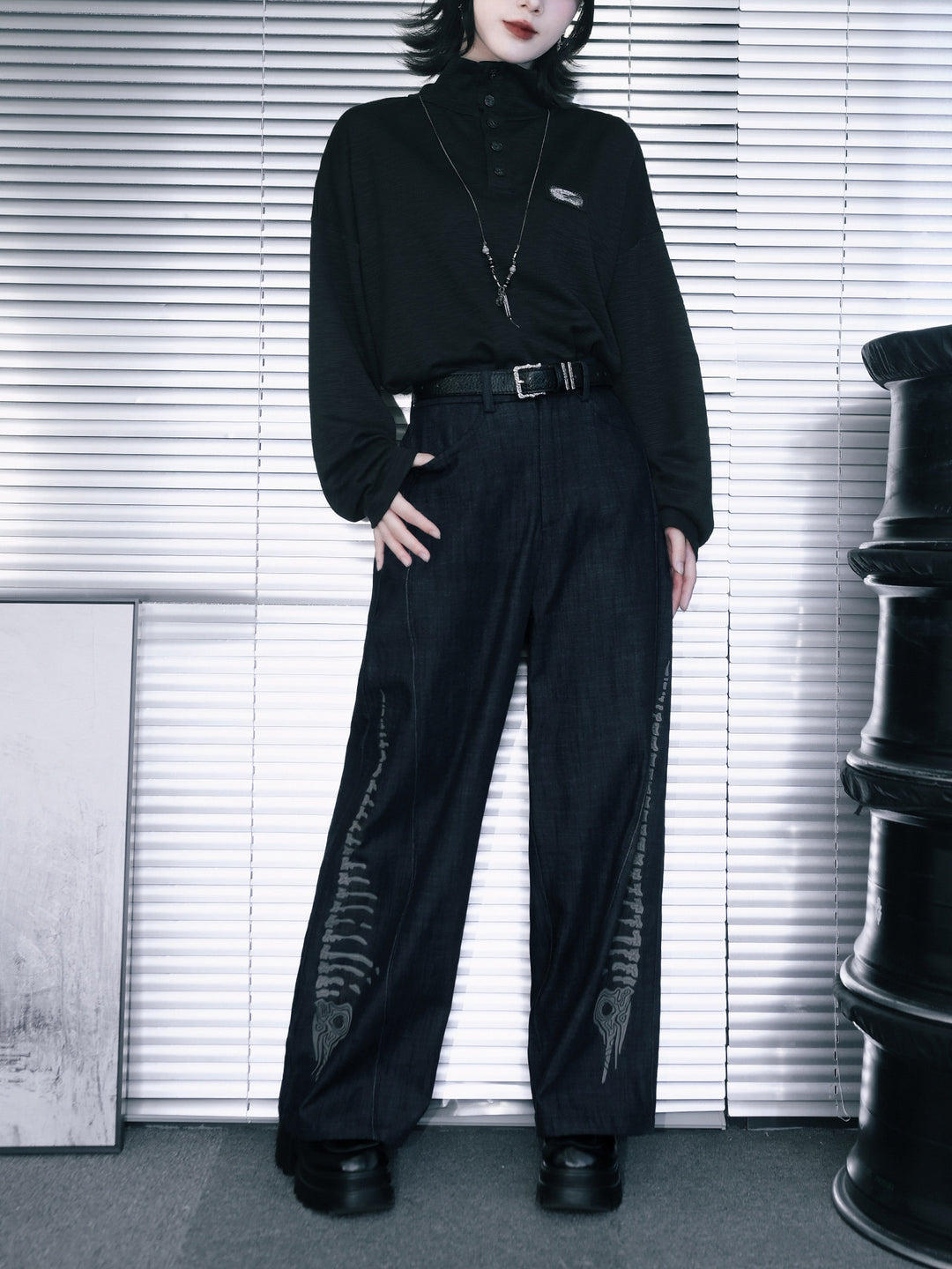 Black Raised Whale Skeleton Graphic Wide-Leg Jeans