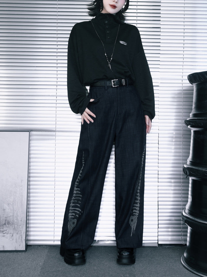 Black Raised Whale Skeleton Graphic Wide-Leg Jeans
