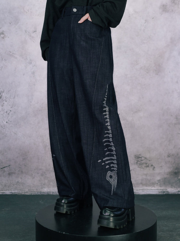 Black Raised Whale Skeleton Graphic Wide-Leg Jeans