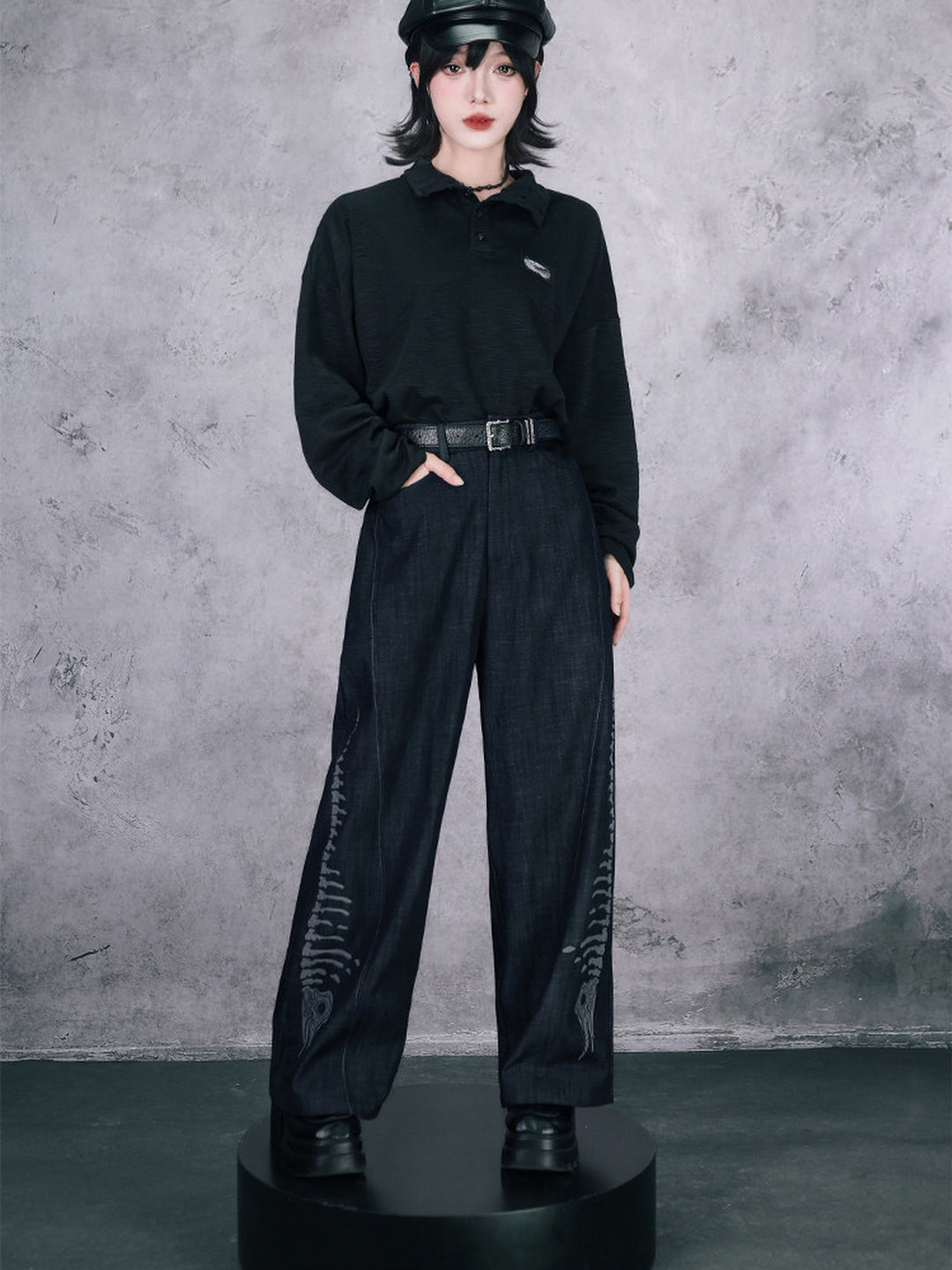Black Raised Whale Skeleton Graphic Wide-Leg Jeans