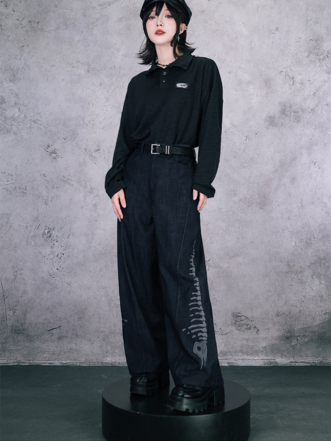 Black Raised Whale Skeleton Graphic Wide-Leg Jeans