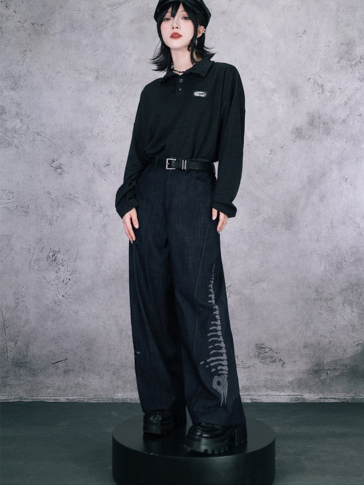 Black Raised Whale Skeleton Graphic Wide-Leg Jeans