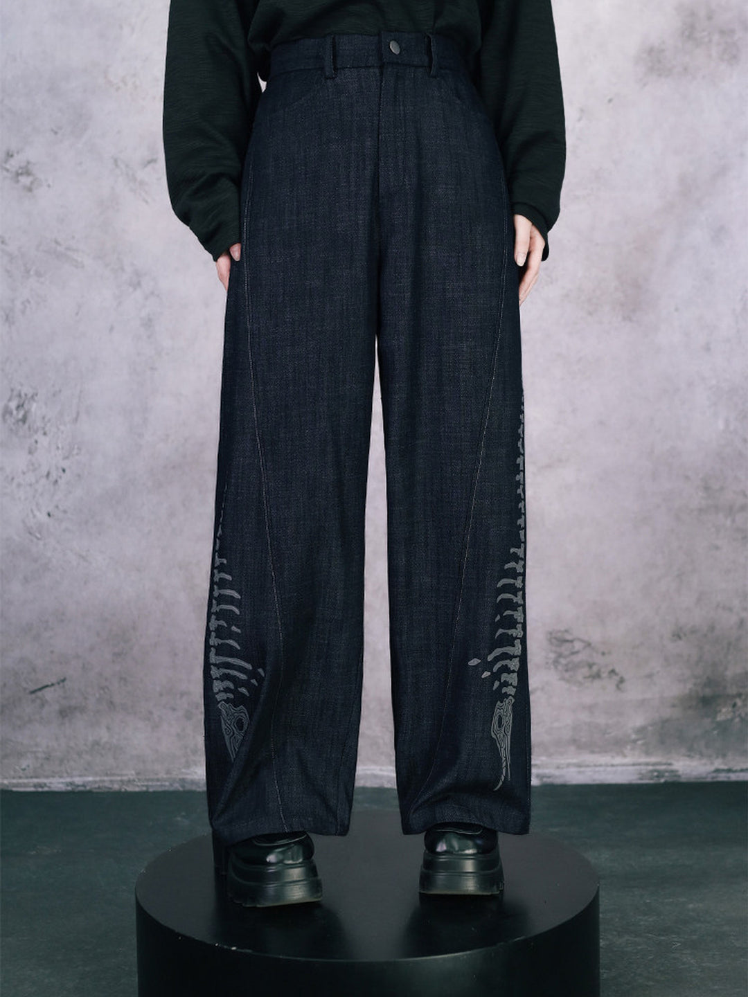 Black Raised Whale Skeleton Graphic Wide-Leg Jeans