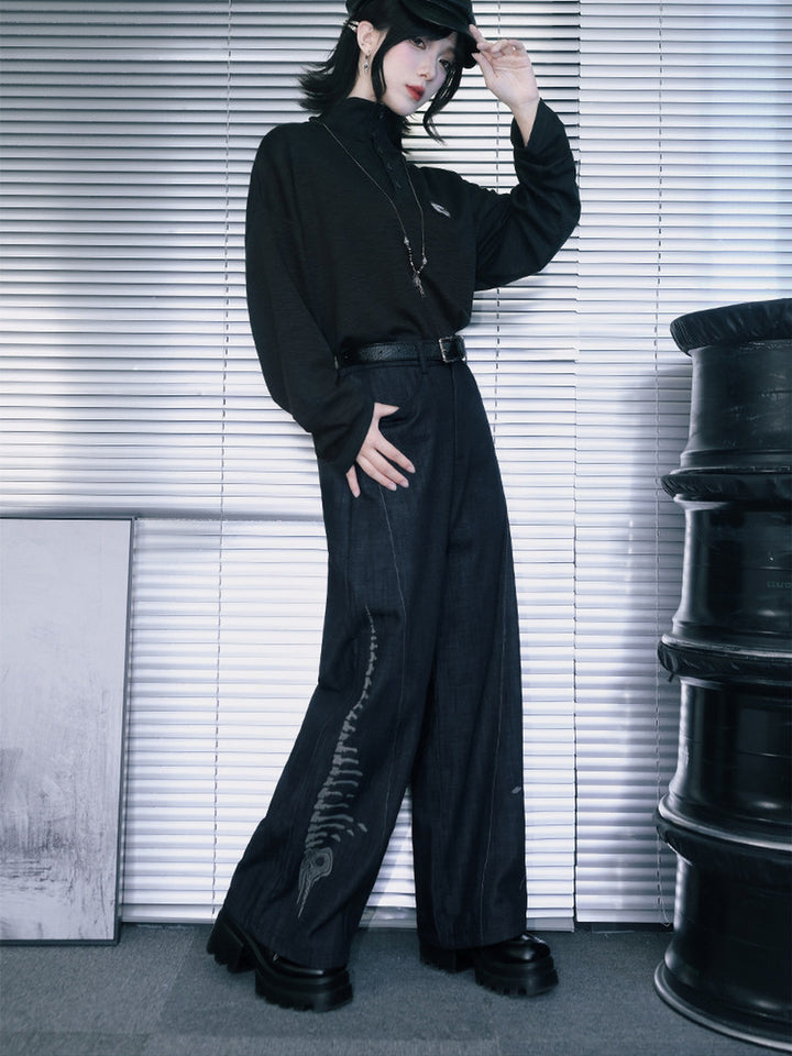 Black Raised Whale Skeleton Graphic Wide-Leg Jeans