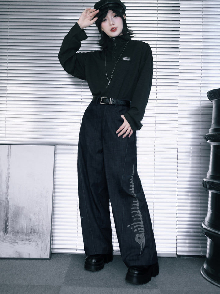 Black Raised Whale Skeleton Graphic Wide-Leg Jeans
