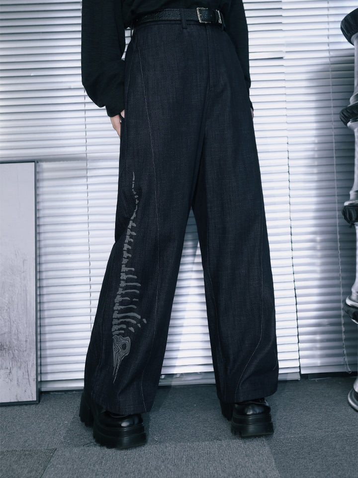 Black Raised Whale Skeleton Graphic Wide-Leg Jeans