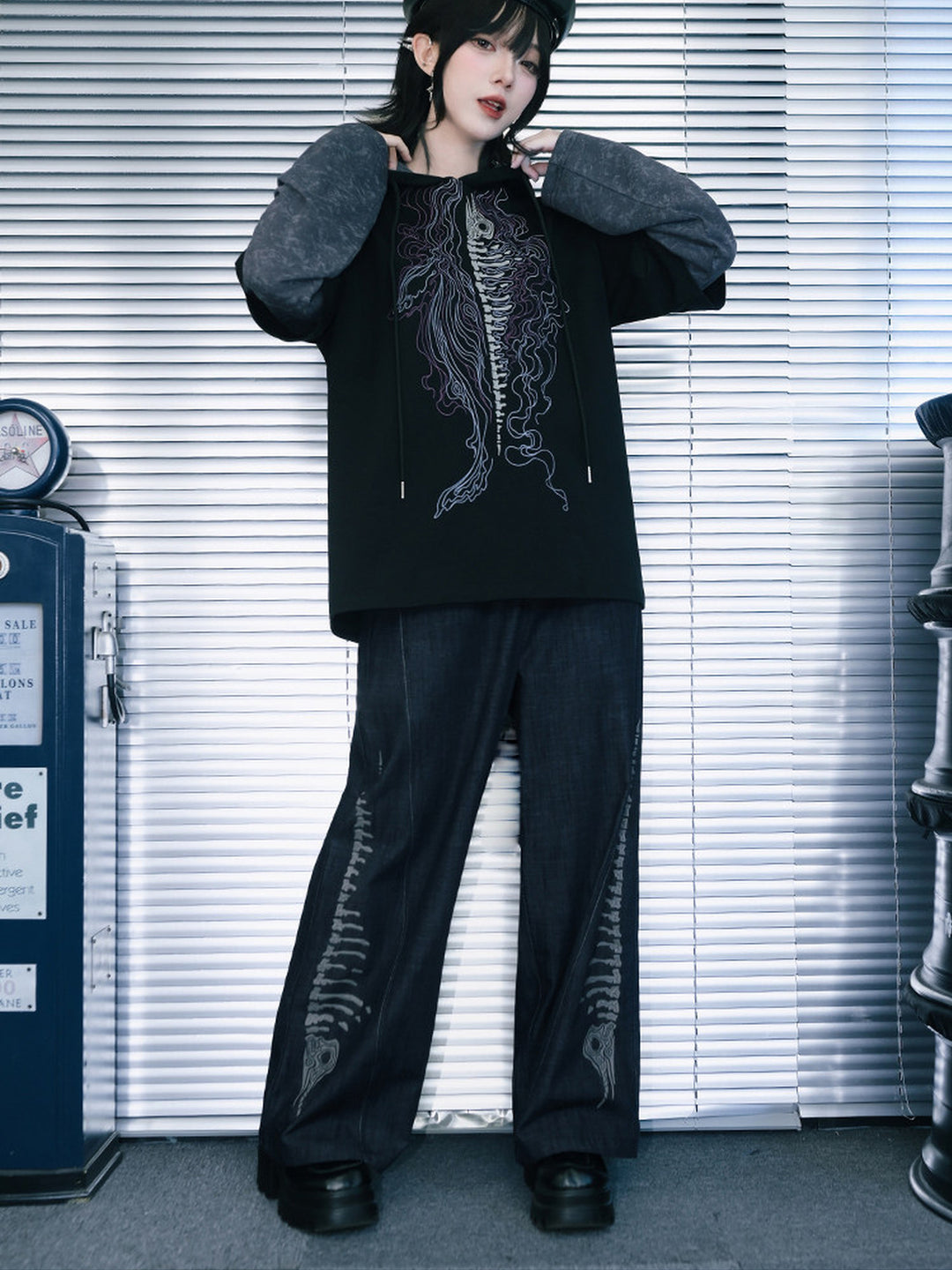 Black Raised Whale Skeleton Graphic Wide-Leg Jeans