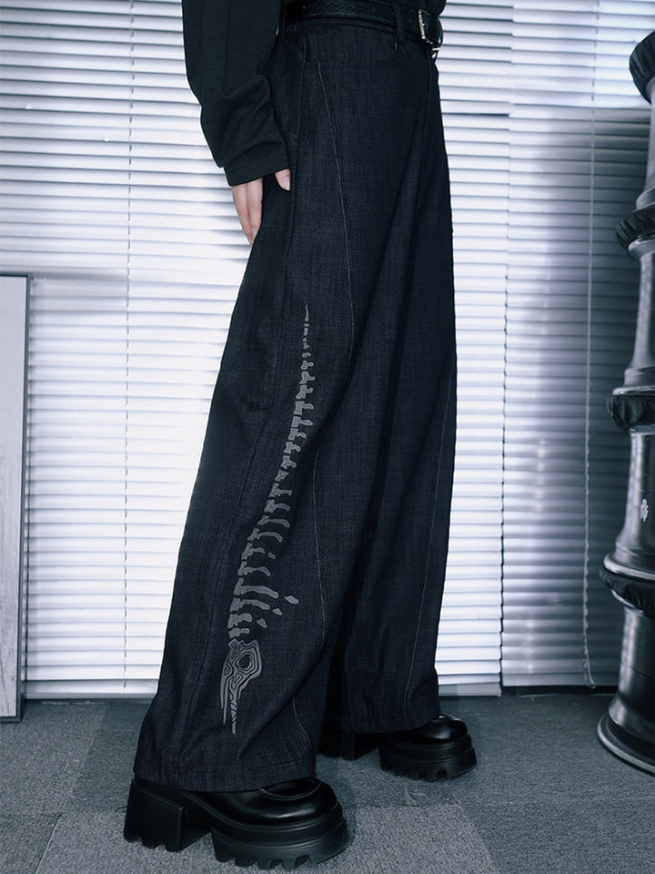 Black Raised Whale Skeleton Graphic Wide-Leg Jeans