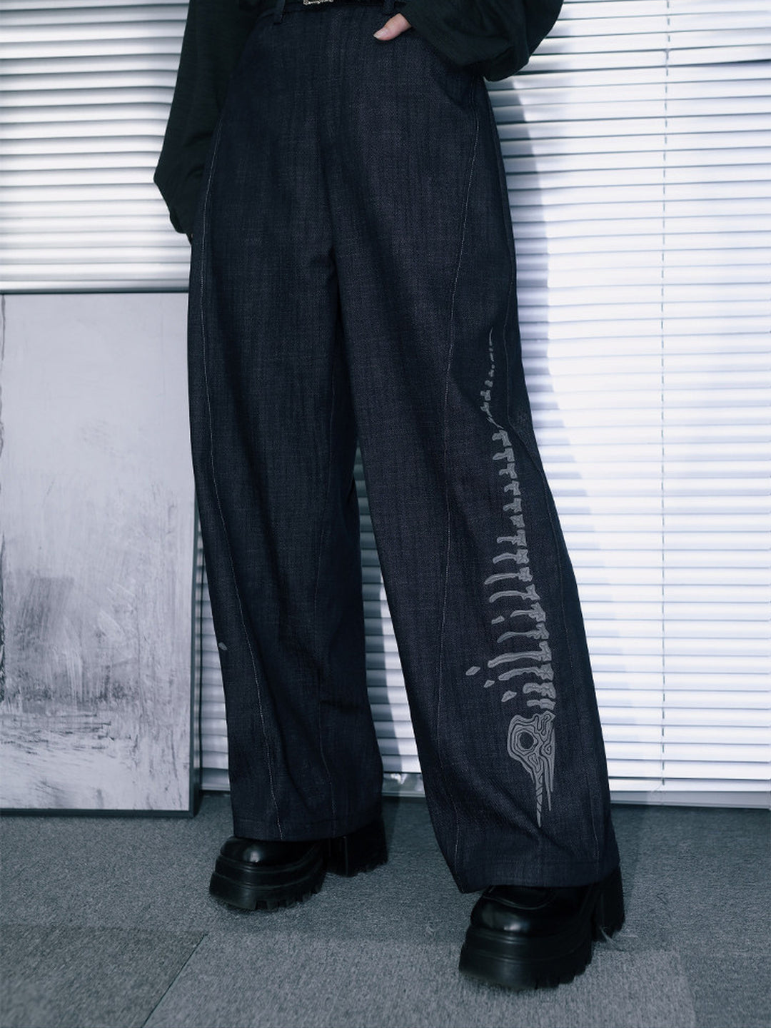 Black Raised Whale Skeleton Graphic Wide-Leg Jeans