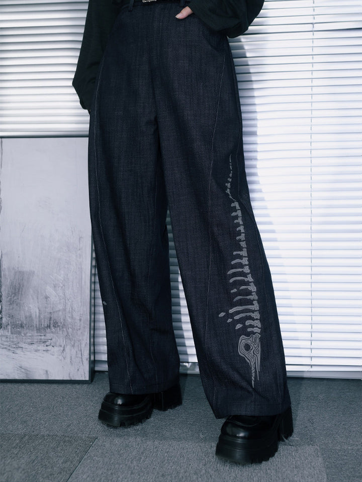 Black Raised Whale Skeleton Graphic Wide-Leg Jeans