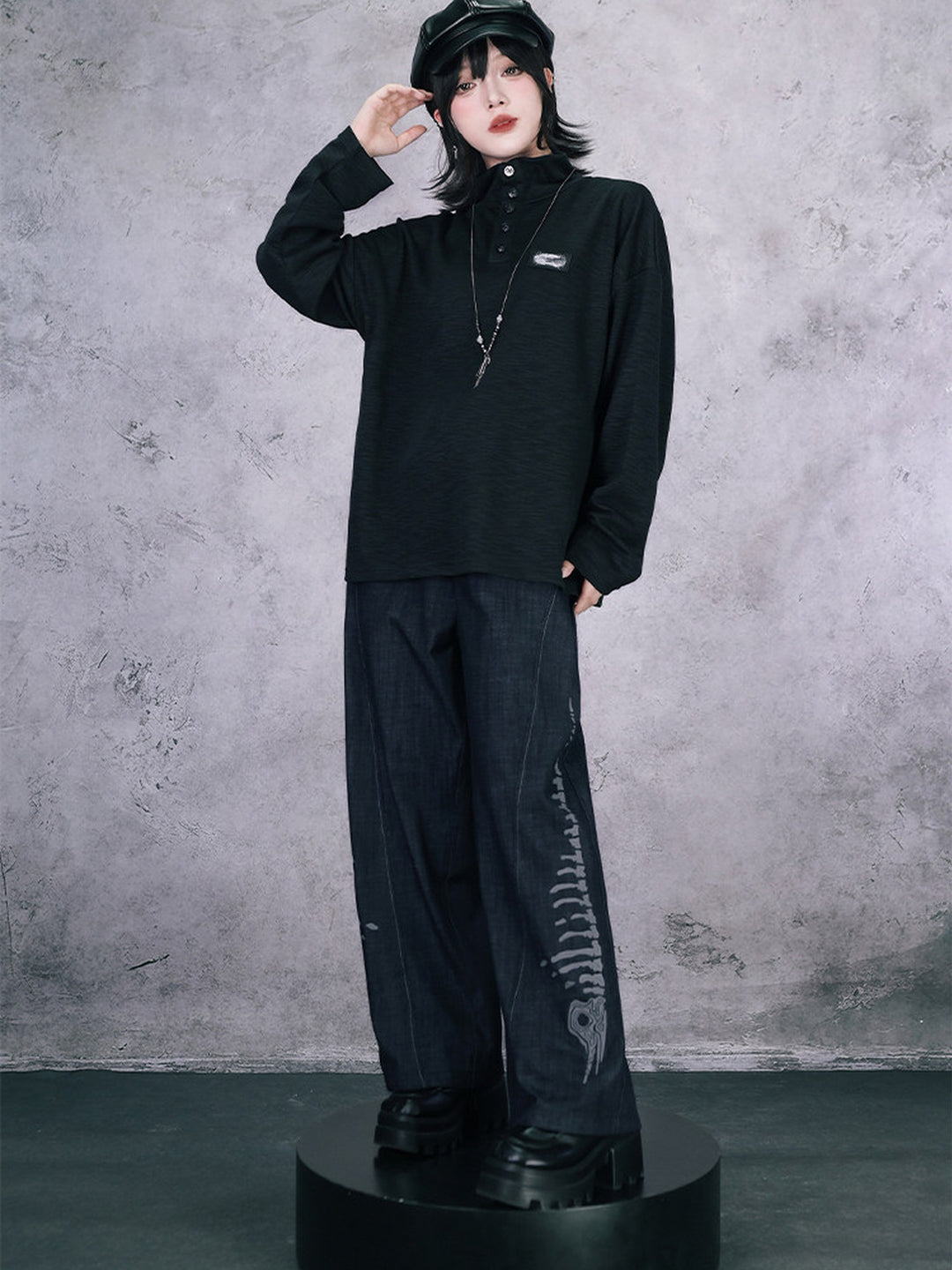 Black Raised Whale Skeleton Graphic Wide-Leg Jeans