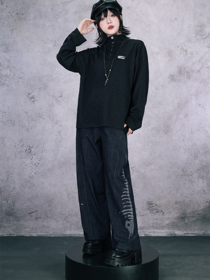 Black Raised Whale Skeleton Graphic Wide-Leg Jeans