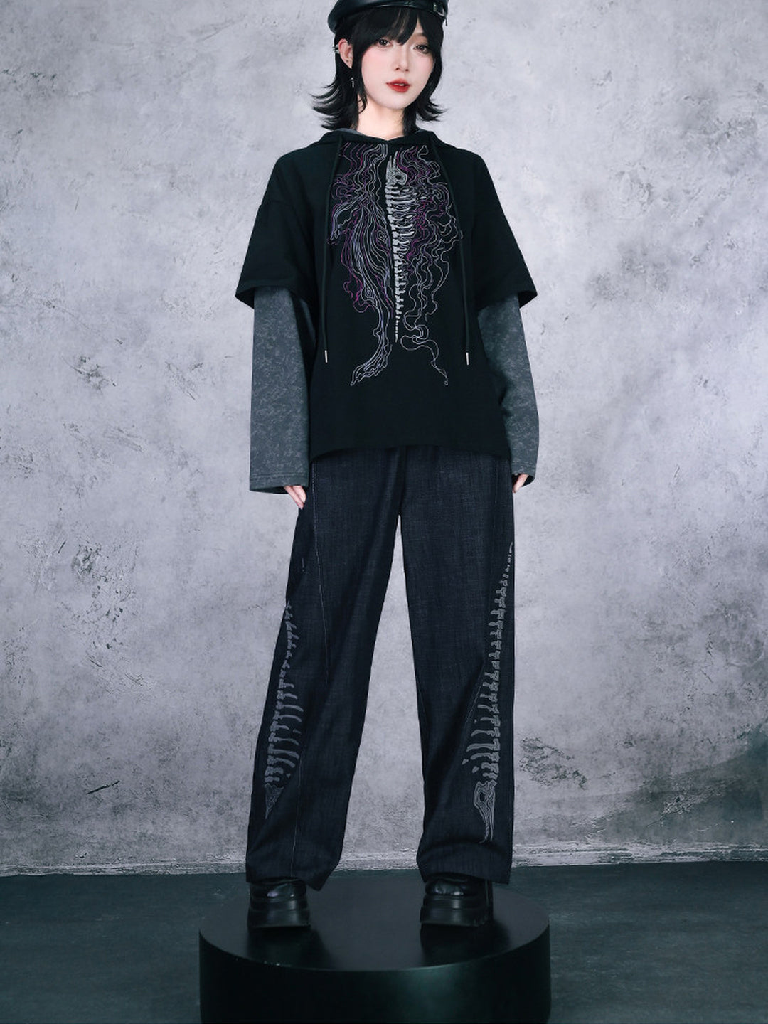 Black Raised Whale Skeleton Graphic Wide-Leg Jeans