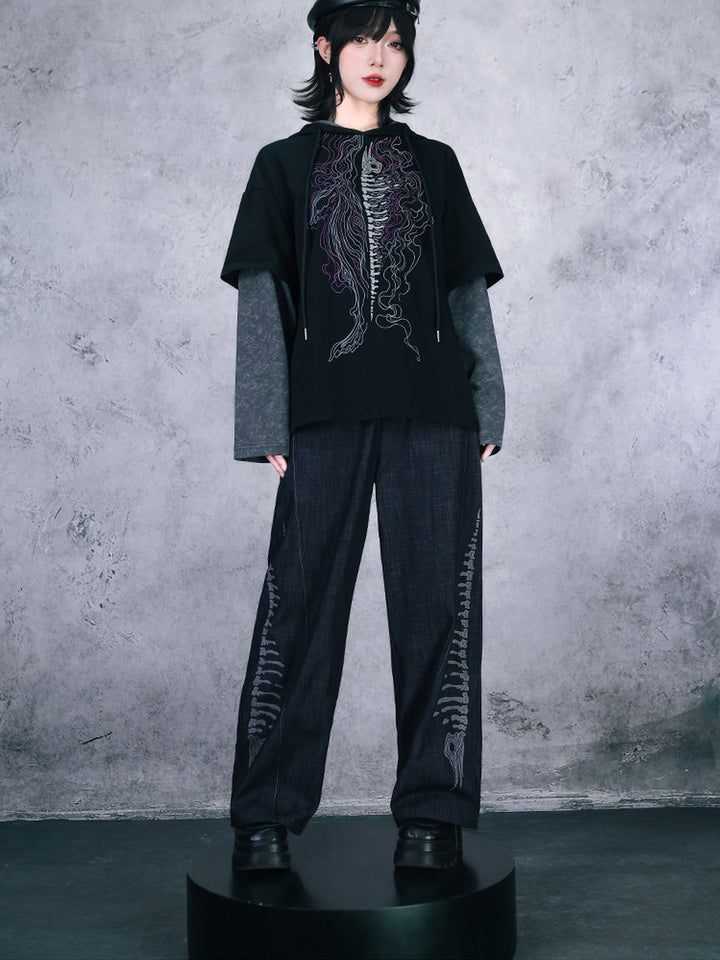 Black Raised Whale Skeleton Graphic Wide-Leg Jeans