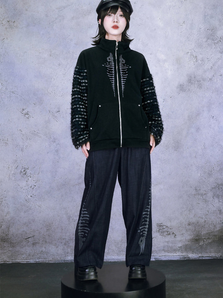Black Raised Whale Skeleton Graphic Wide-Leg Jeans
