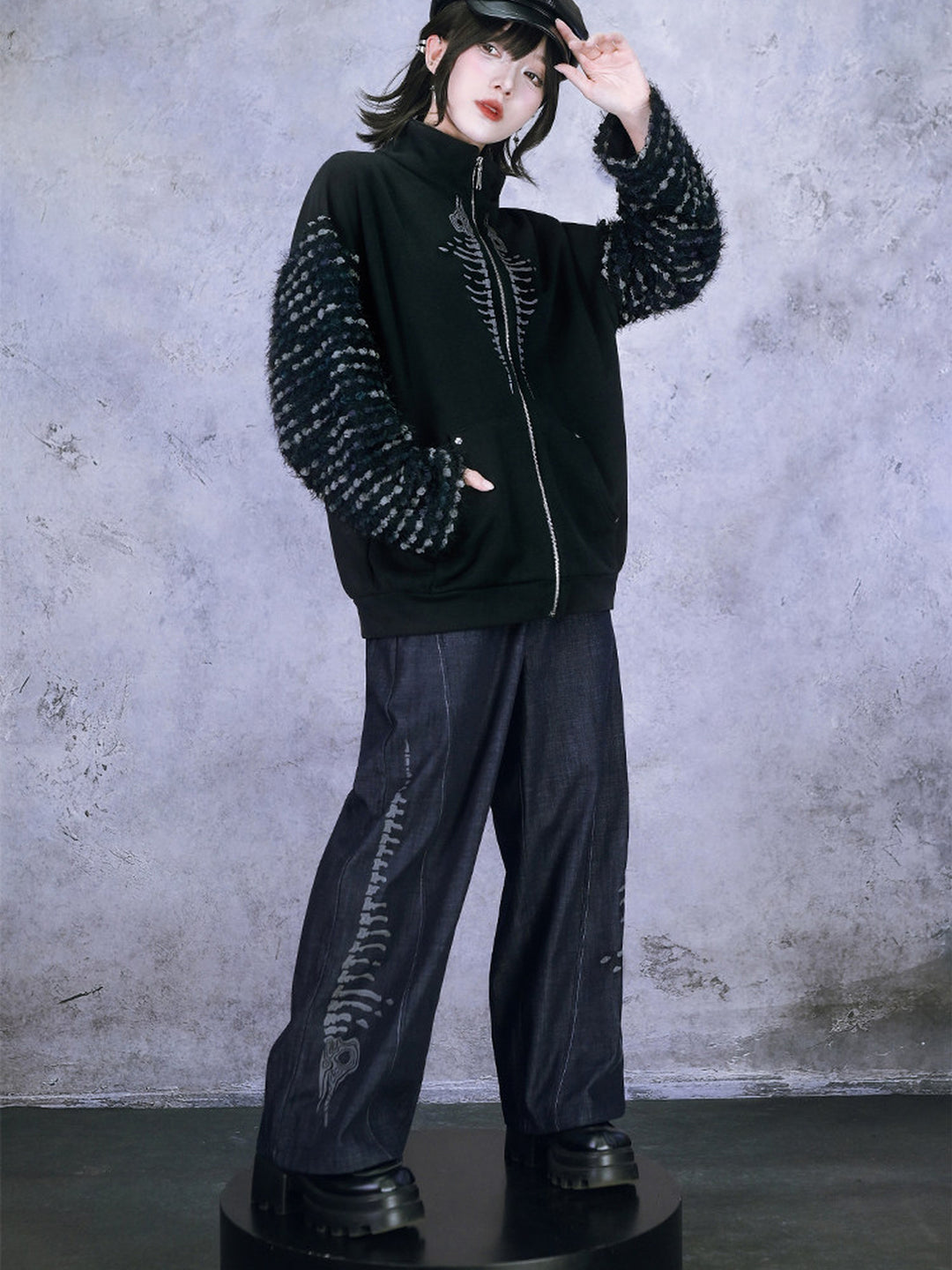 Black Raised Whale Skeleton Graphic Wide-Leg Jeans