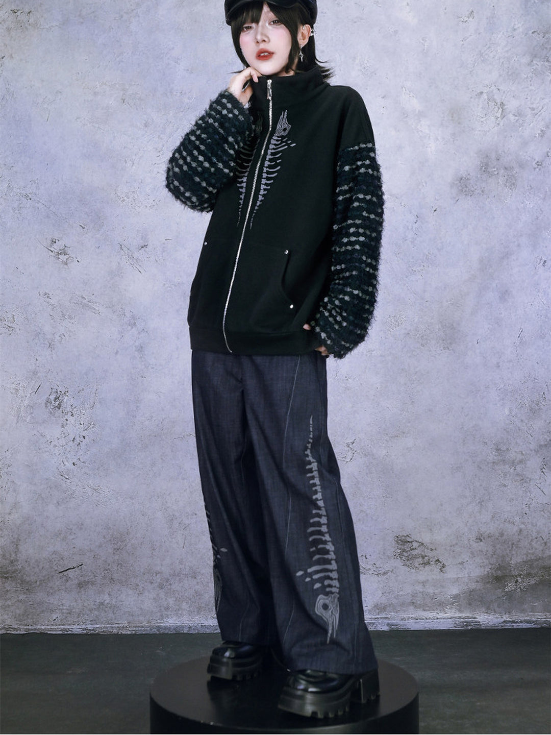 Black Raised Whale Skeleton Graphic Wide-Leg Jeans