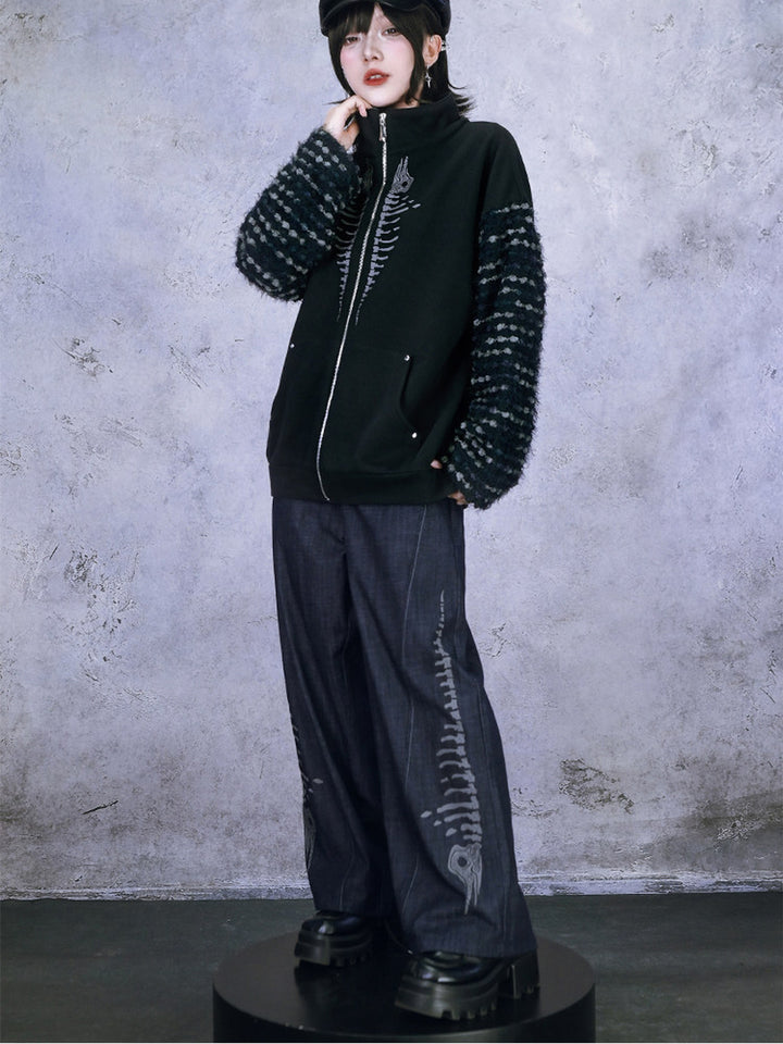 Black Raised Whale Skeleton Graphic Wide-Leg Jeans