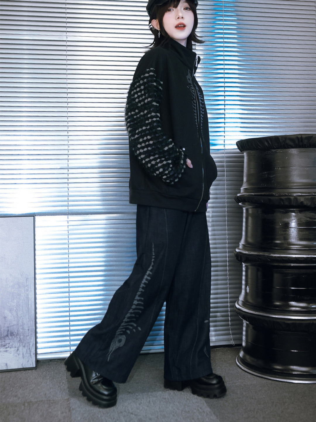 Black Raised Whale Skeleton Graphic Wide-Leg Jeans