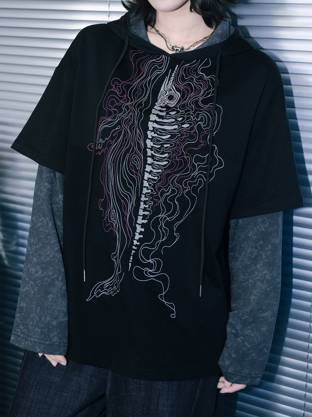 Black Whale Skeleton Graphic Faux-Layered Hooded T-Shirt