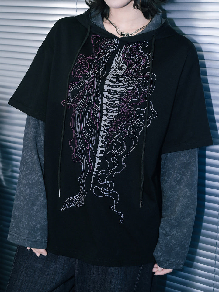Black Whale Skeleton Graphic Faux-Layered Hooded T-Shirt