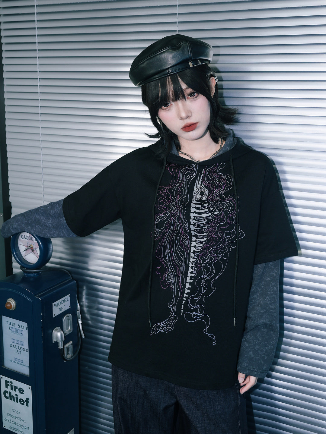 Black Whale Skeleton Graphic Faux-Layered Hooded T-Shirt