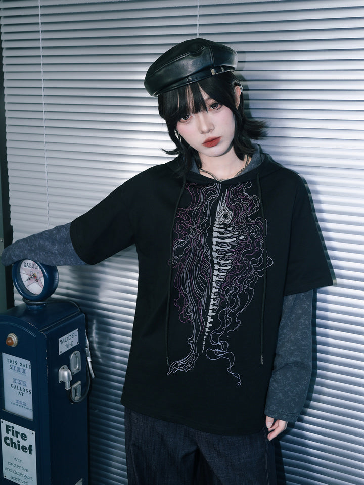 Black Whale Skeleton Graphic Faux-Layered Hooded T-Shirt