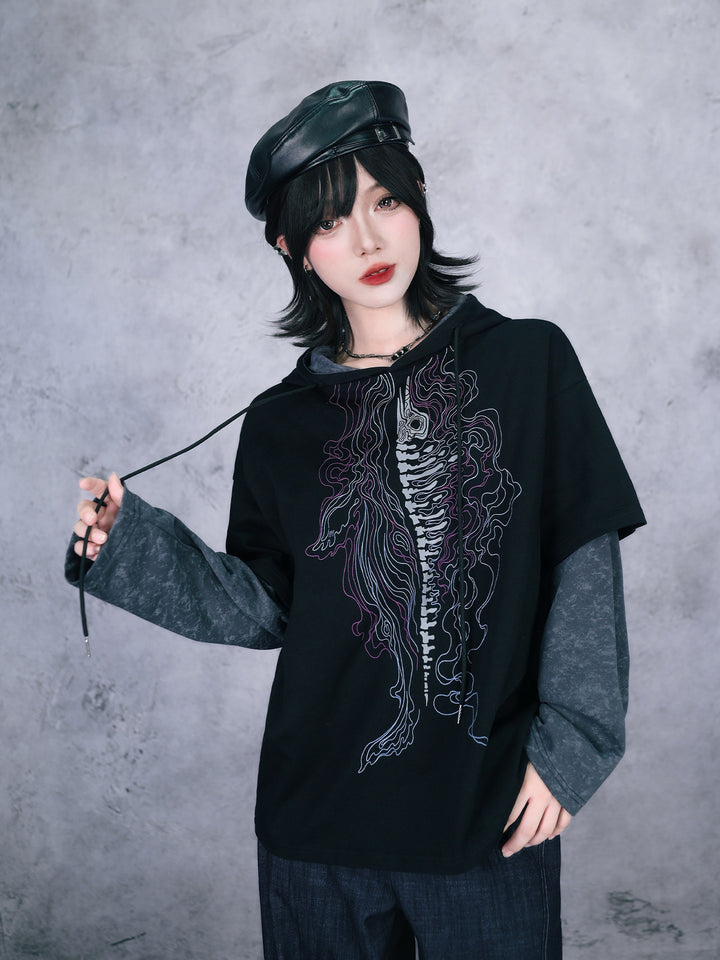 Black Whale Skeleton Graphic Faux-Layered Hooded T-Shirt