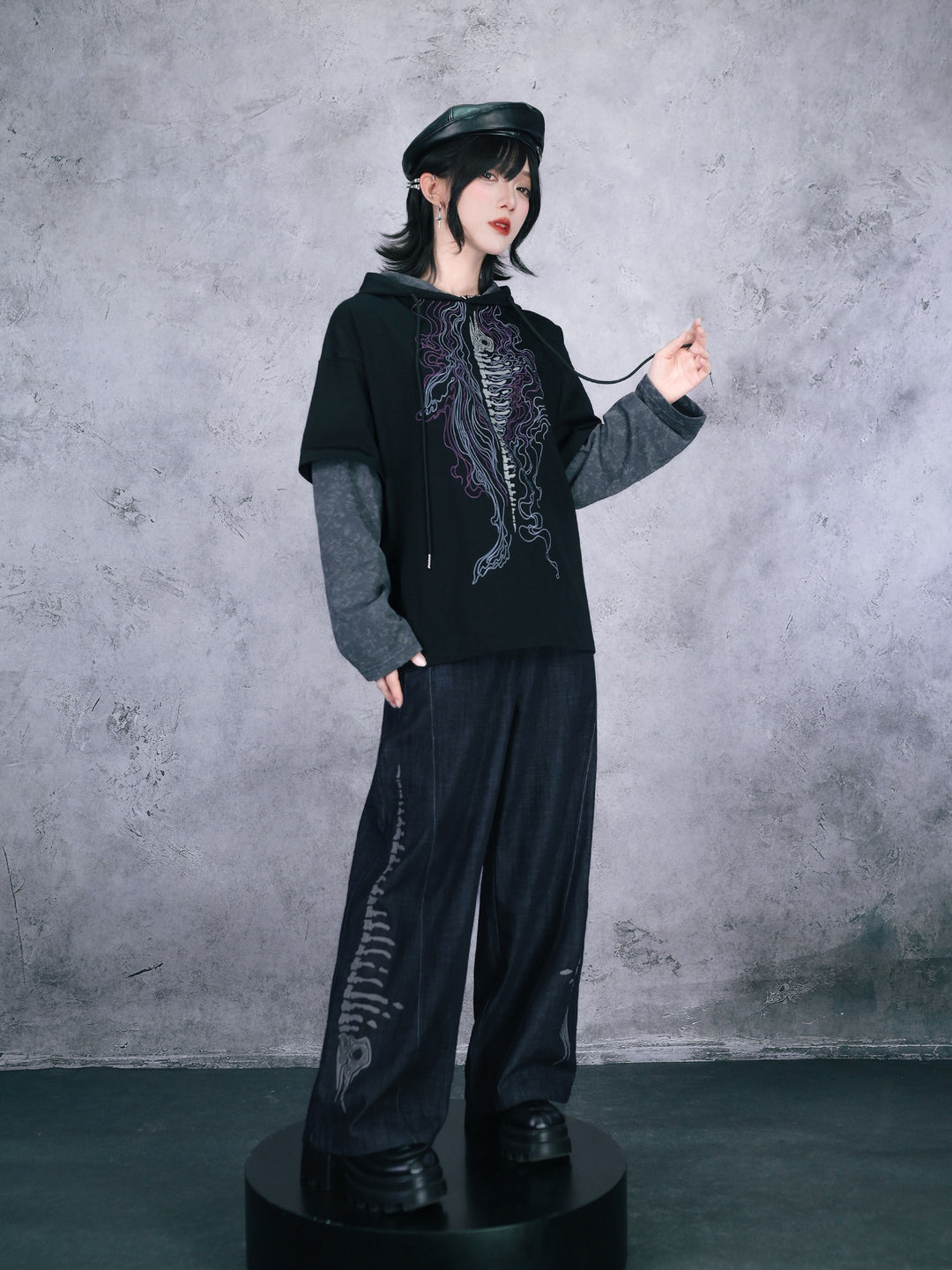 Black Whale Skeleton Graphic Faux-Layered Hooded T-Shirt